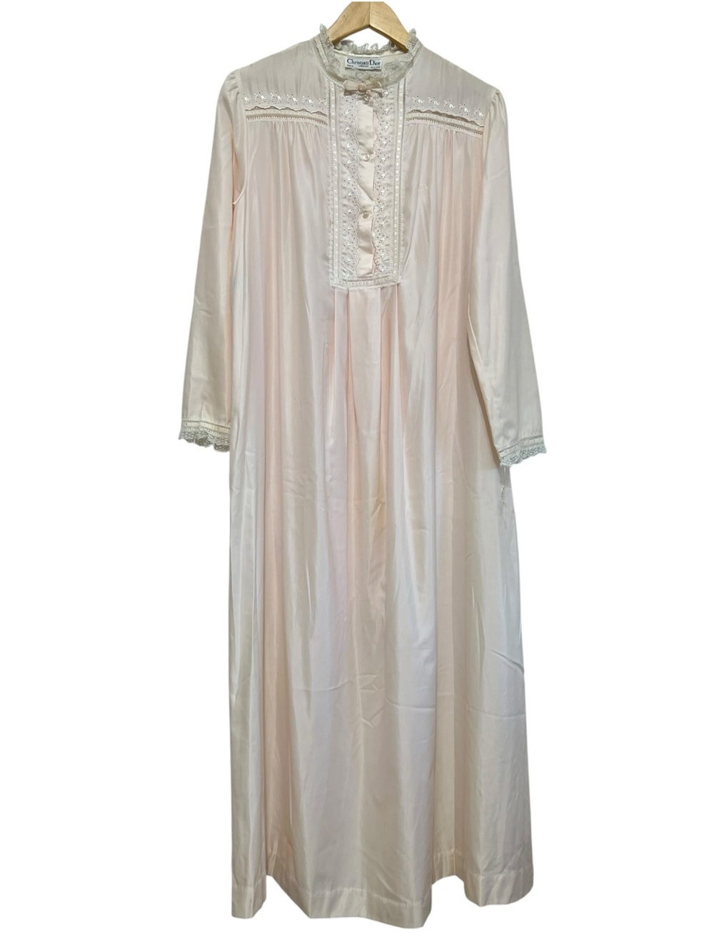 Vtg Christian Dior Light Pink Long Sleeve Long Nightgown Lace Trim Large NEW